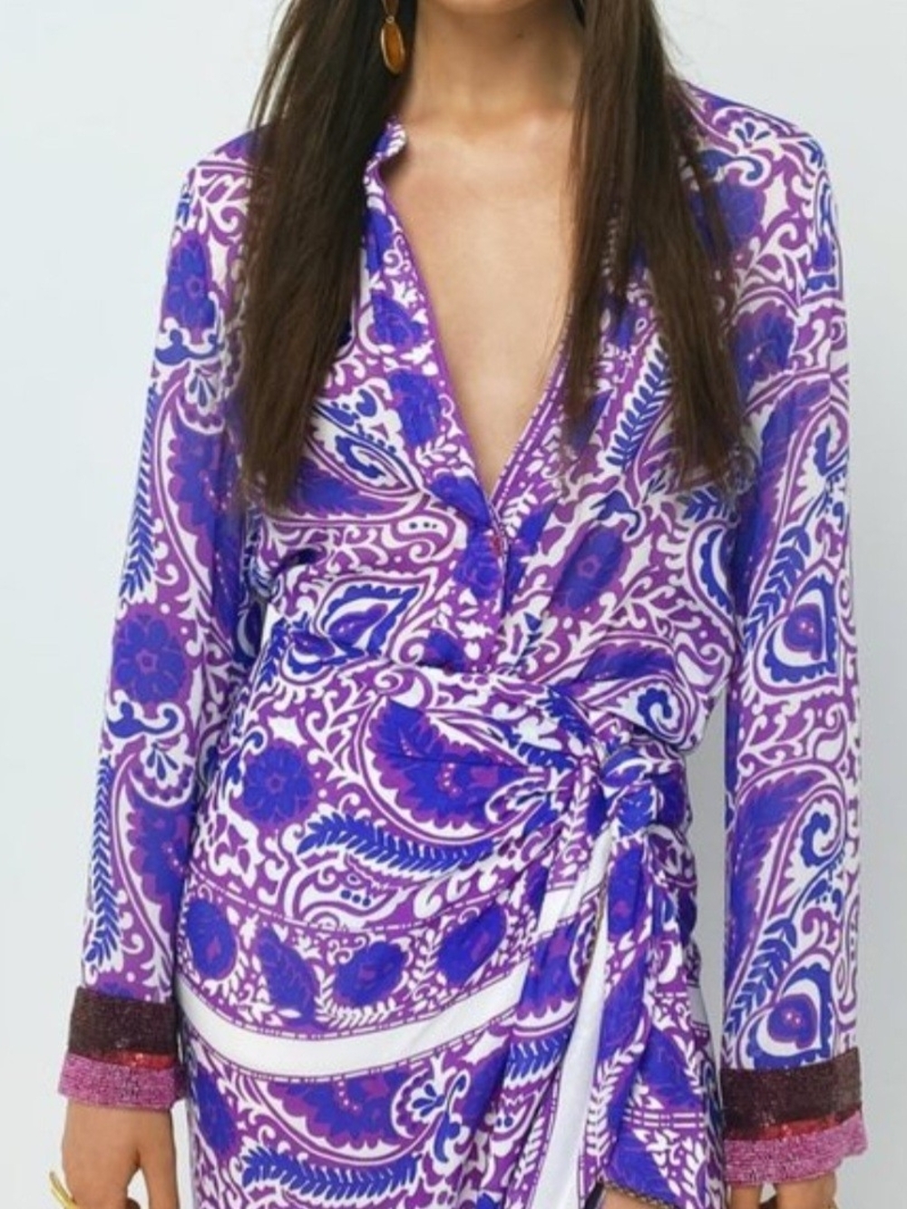 Zara Purple Paisley Beaded Sleeve Top Sz M